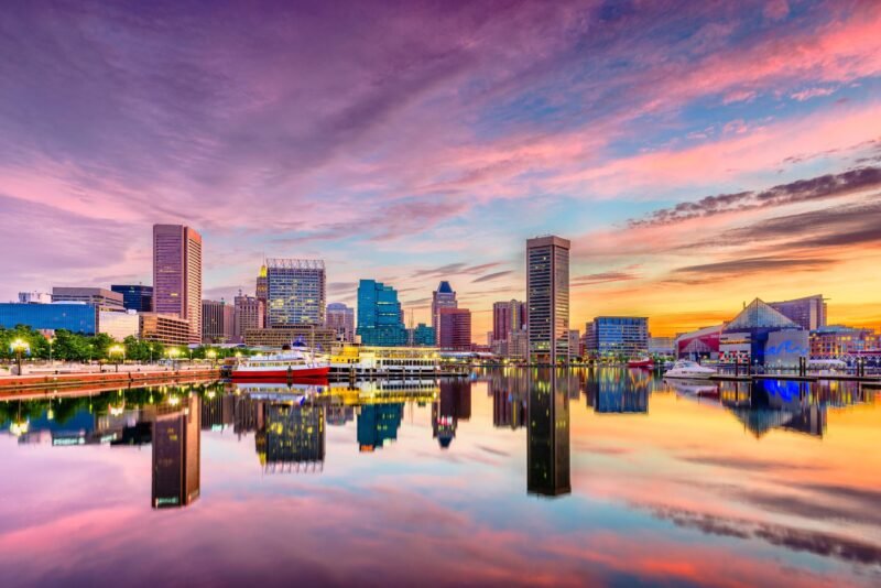 Baltimore,,Maryland,,Usa,Skyline,On,The,Inner,Harbor,At,Dusk.